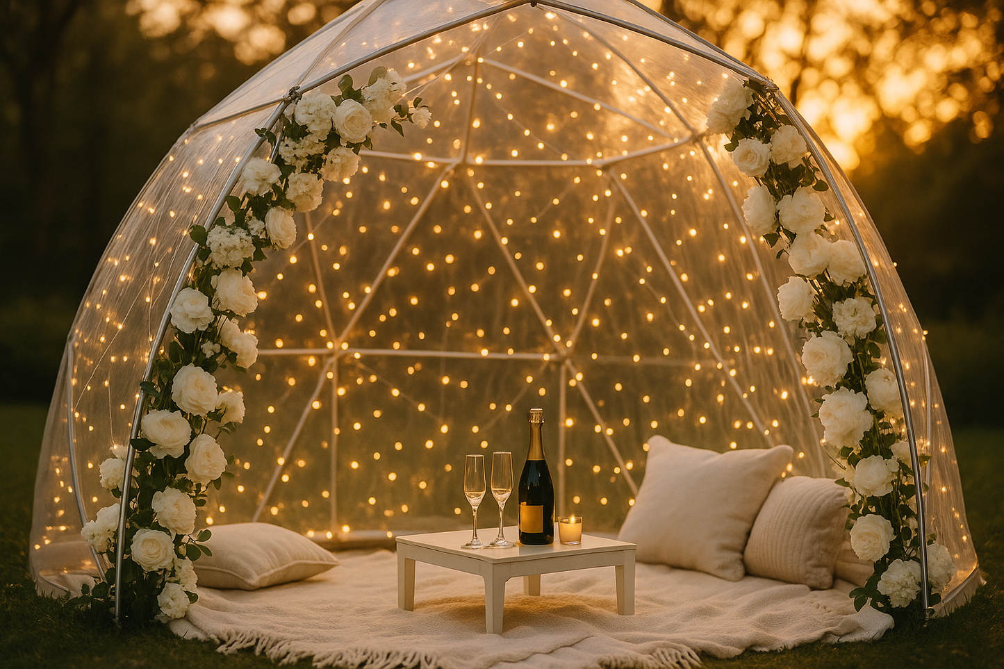 see though tent set up for a proposal picnic with white flowers , fairy lights and champange