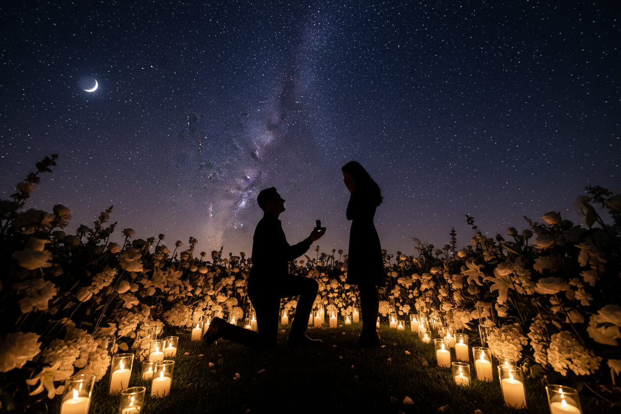 siloette of couple surrounded by white flowers and candle in a proposal set up at night time. show stars in the sky